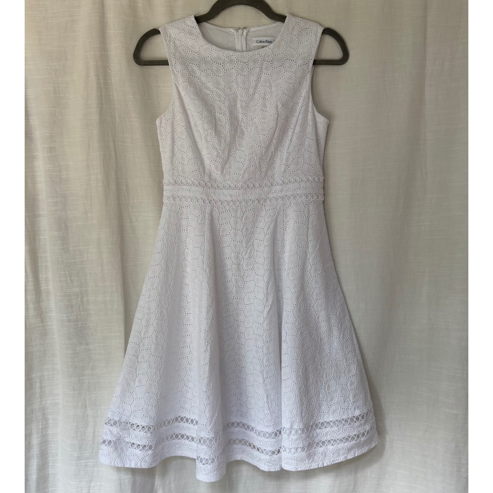 Calvin Klein White Eyelet Lace Sleeveless Fit and Flare Dress Size 2